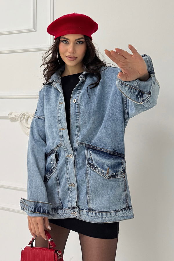 Kadın Taş Detaylı Oversize Denim Kot Ceket Acik Mavi - 26572