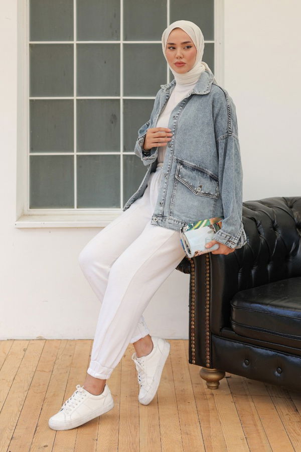 Kadın Taş Detaylı Oversize Denim Kot Ceket Acik Mavi - 26572