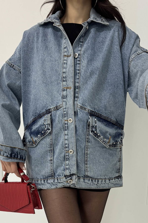 Kadın Taş Detaylı Oversize Denim Kot Ceket Acik Mavi - 26572