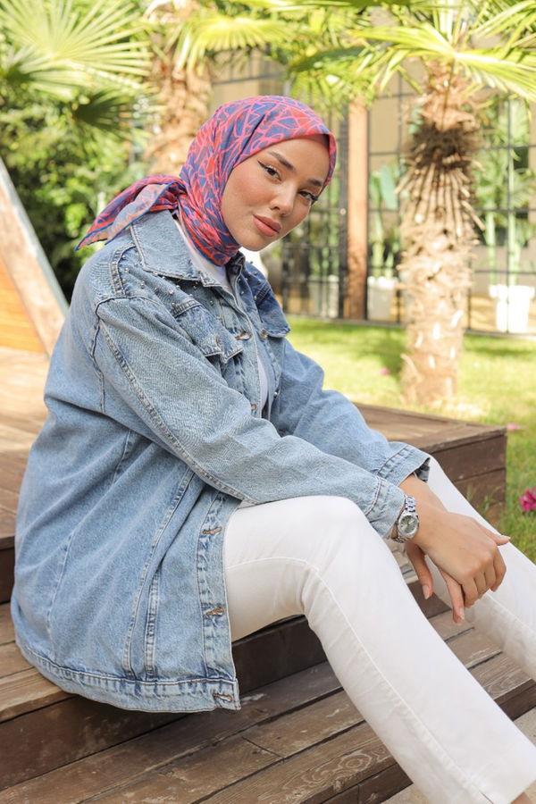 Kadın Omuz Taş Detaylı Oversize Kot Ceket Acik Mavi - 26616