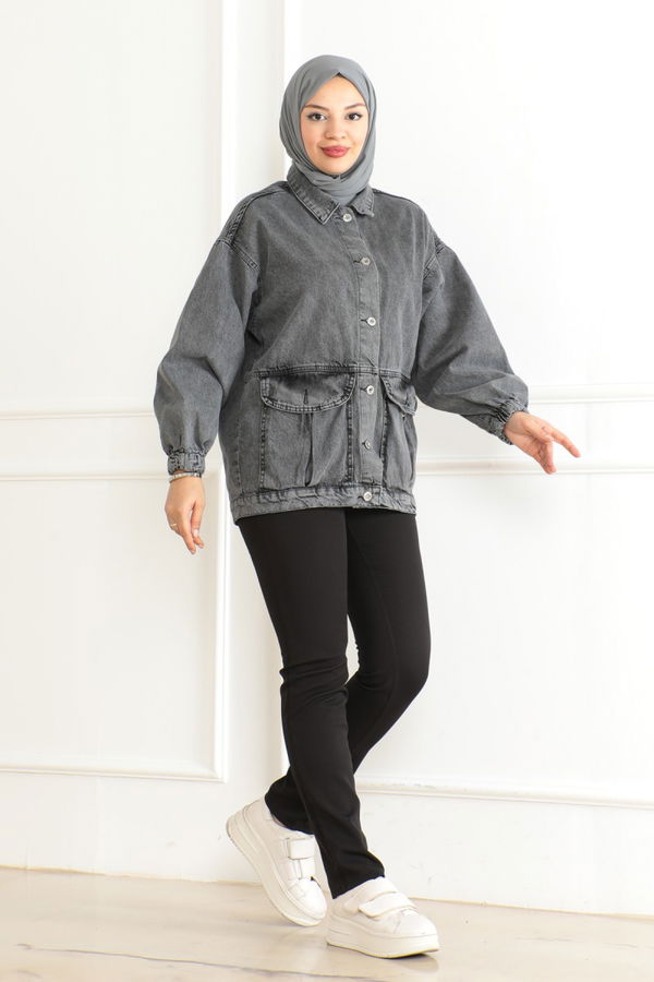 Kadın Oversize Körüklü Cep Kot Ceket Antrasit - 26578