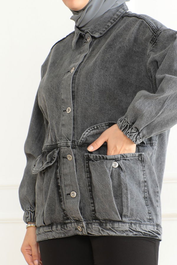 Kadın Oversize Körüklü Cep Kot Ceket Antrasit - 26578