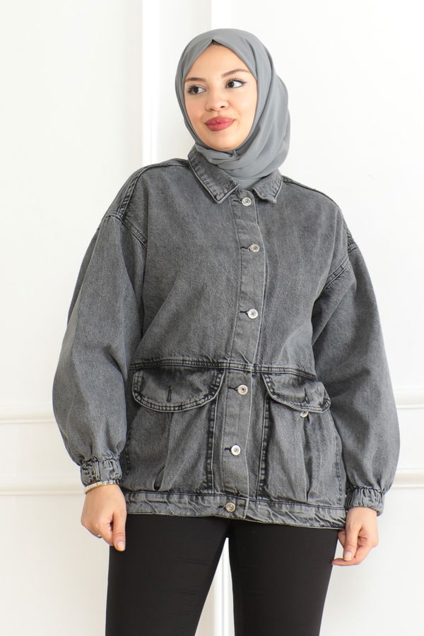 Kadın Oversize Körüklü Cep Kot Ceket Antrasit - 26578