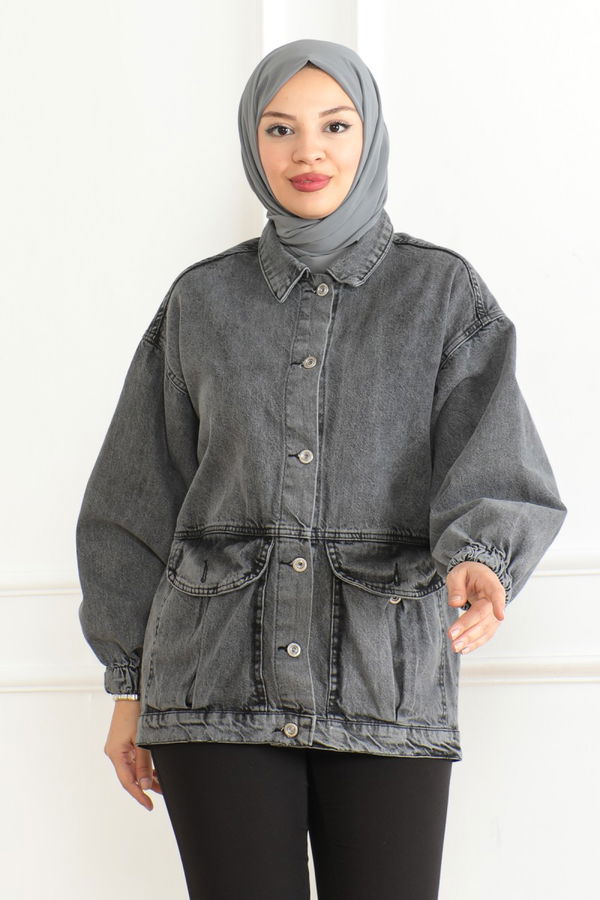 Kadın Oversize Körüklü Cep Kot Ceket Antrasit - 26578