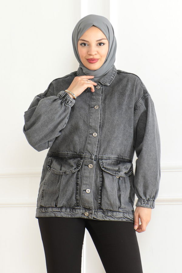 Kadın Oversize Körüklü Cep Kot Ceket Antrasit - 26578
