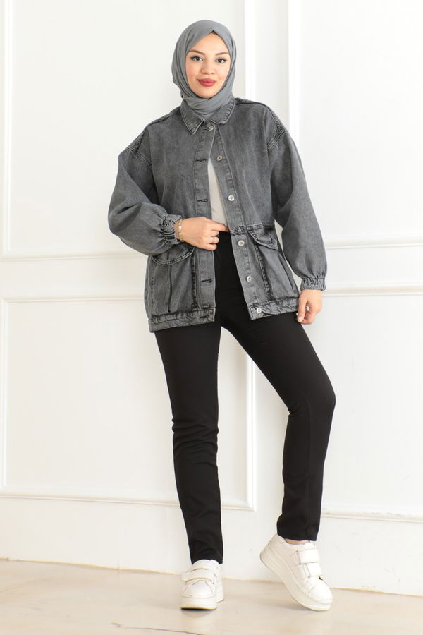 Kadın Oversize Körüklü Cep Kot Ceket Antrasit - 26578