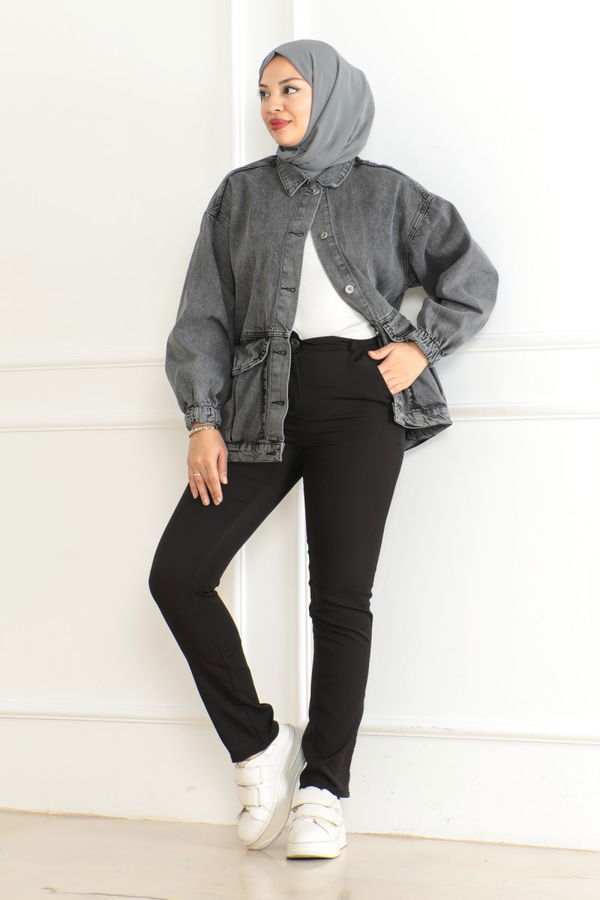 Kadın Oversize Körüklü Cep Kot Ceket Antrasit - 26578