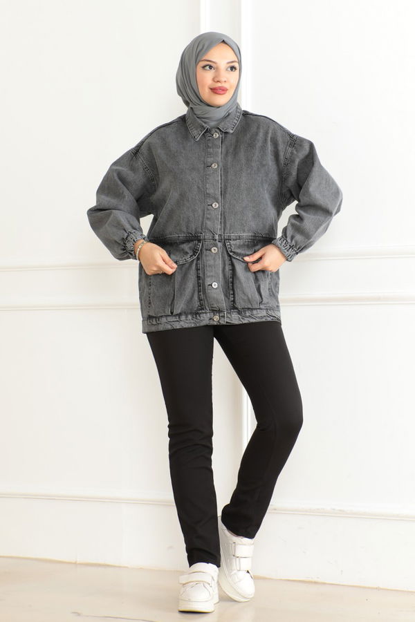 Kadın Oversize Körüklü Cep Kot Ceket Antrasit - 26578