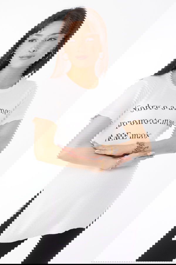 Baskılı Yırtmaçlı T-shirt Beyaz - 24792