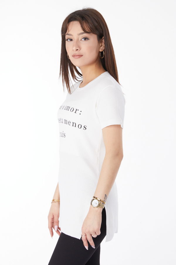 Baskılı Yırtmaçlı T-shirt Beyaz - 24792