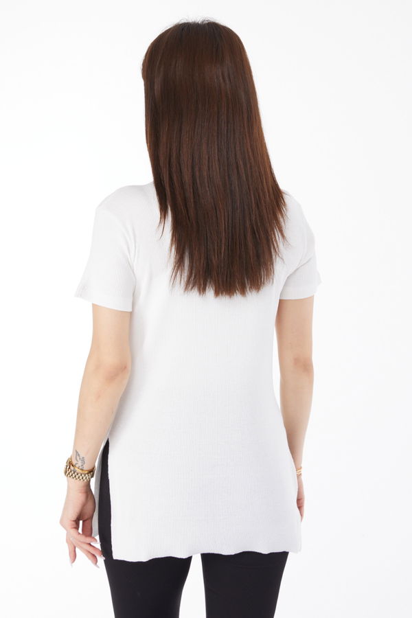 Baskılı Yırtmaçlı T-shirt Beyaz - 24792