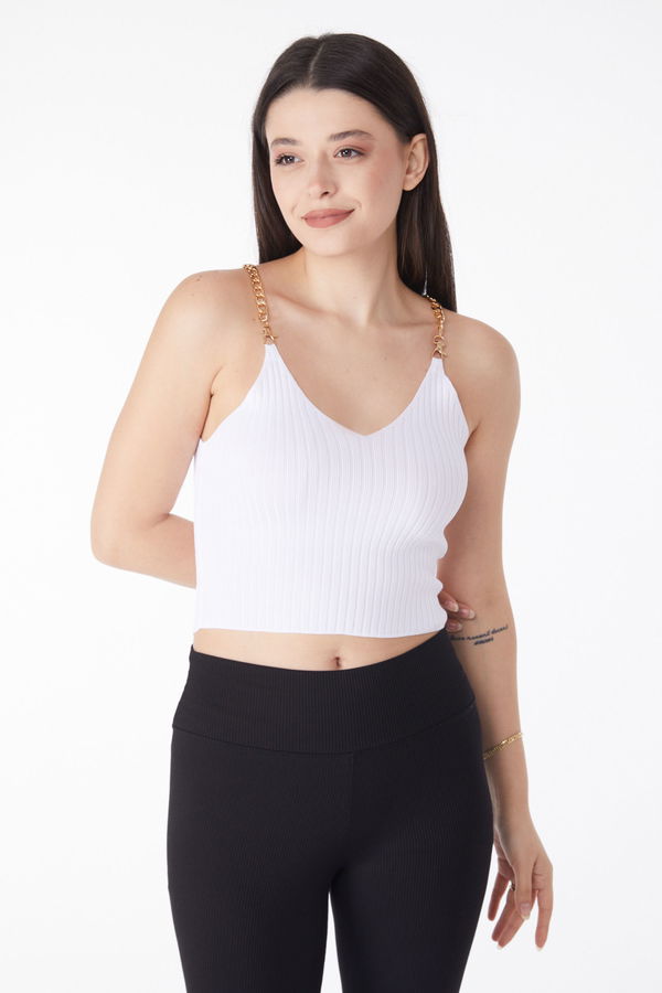 Zincirli Triko Crop Beyaz - 25221