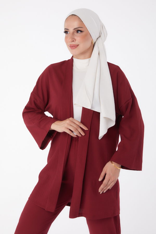 Düz Orta Kadın Bordo Hırka Pantolon - 11432
