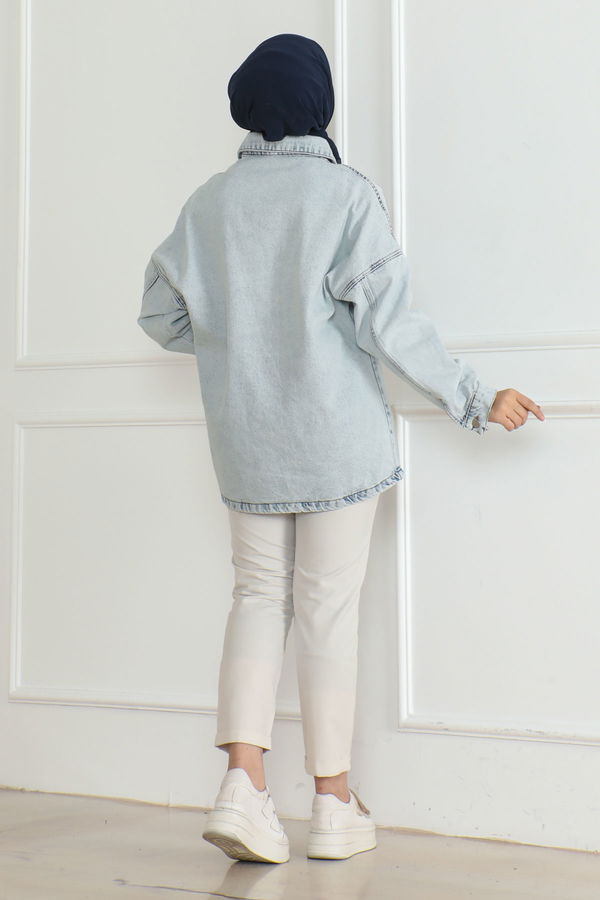 Kadın Oversize Cep Detay Kot Gömlek Ceket Buz Mavi - 26571