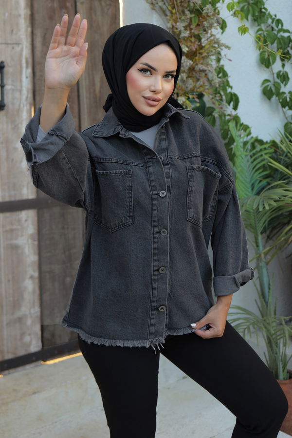 Kadın Oversize Püskül Detay Yaka Cep Kot Ceket D1 Siyah - 26580