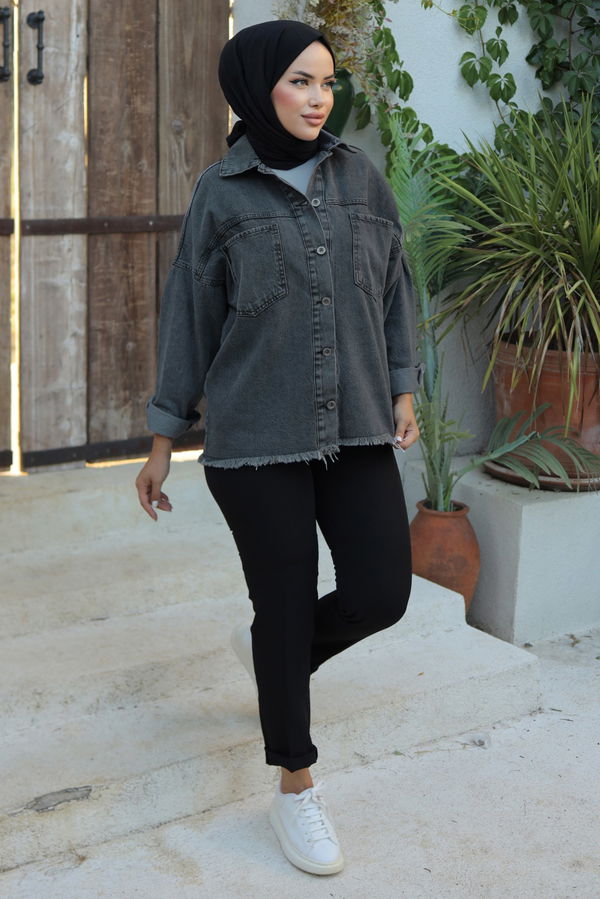 Kadın Oversize Püskül Detay Yaka Cep Kot Ceket D1 Siyah - 26580