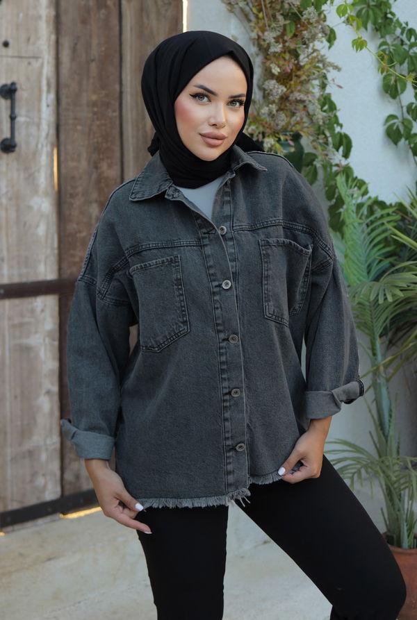 Kadın Oversize Püskül Detay Yaka Cep Kot Ceket D1 Siyah - 26580