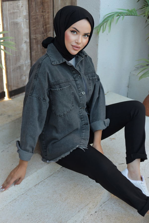 Kadın Oversize Püskül Detay Yaka Cep Kot Ceket D1 Siyah - 26580