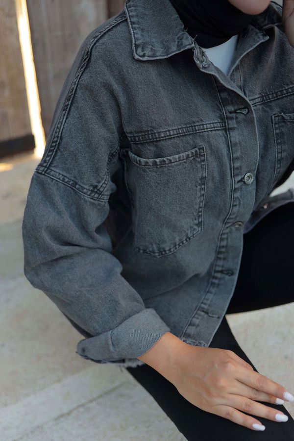 Kadın Oversize Püskül Detay Yaka Cep Kot Ceket D1 Siyah - 26580