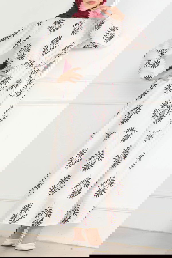 Desenli Kolu Büzgülü Elbise Ekru - 26623