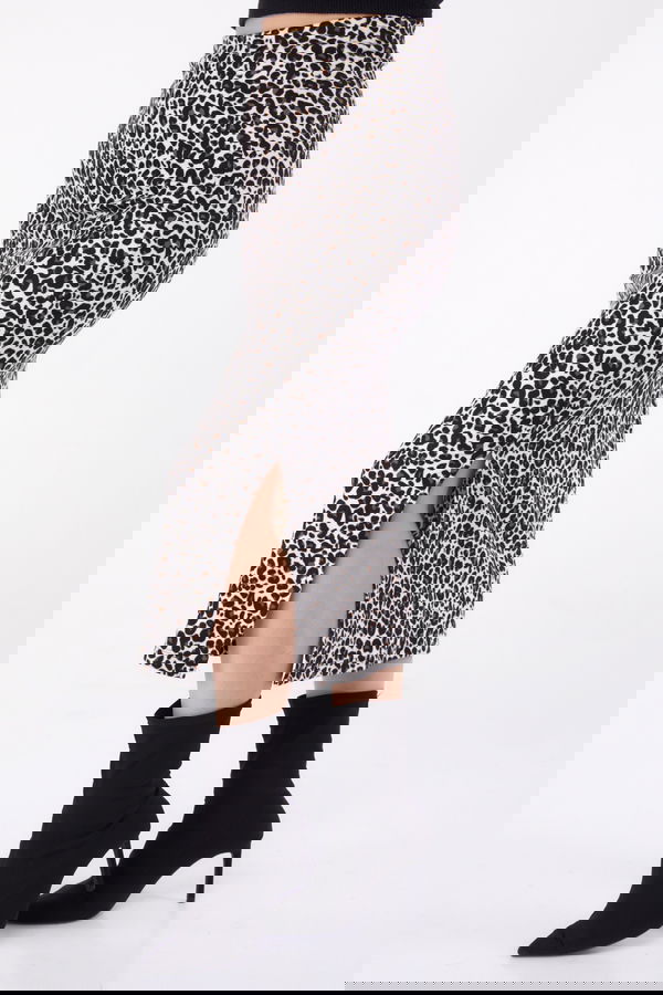Leopar Desenli Yırtmaçlı Etek Ekru - 26320