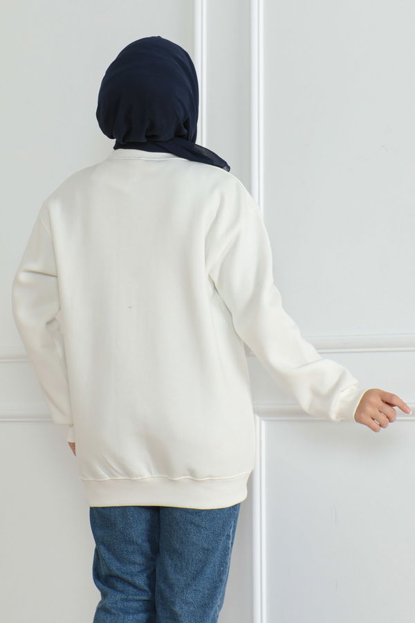 Kadın Bisiklet Yaka Salak Sweatshirt Ekru - 26617