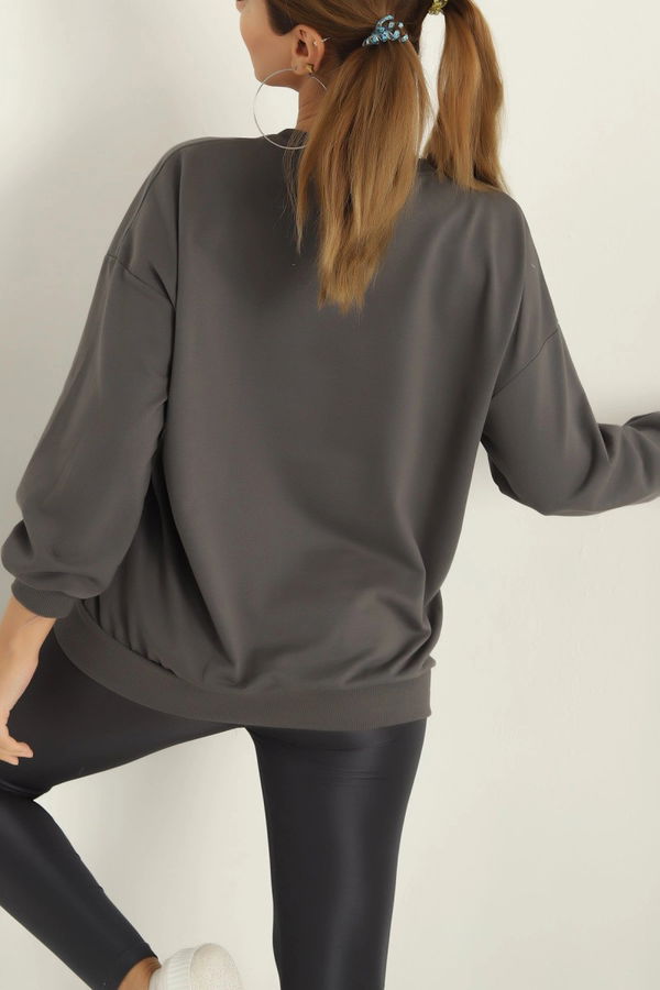 Kadın Bisiklet Yaka Oversize Sweatshirt Füme - 26567