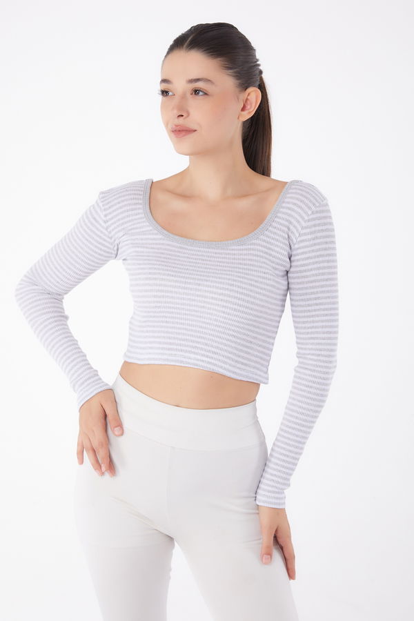 Çizgili Crop Gri - 26119