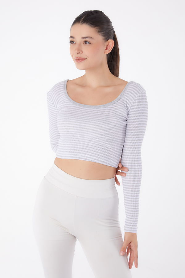 Çizgili Crop Gri - 26119