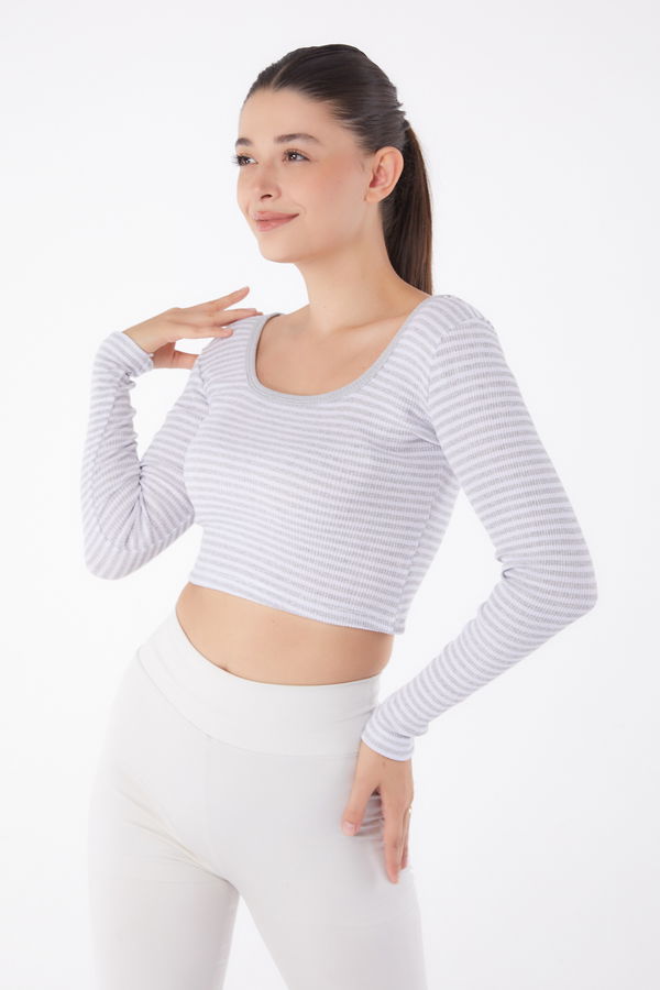 Çizgili Crop Gri - 26119