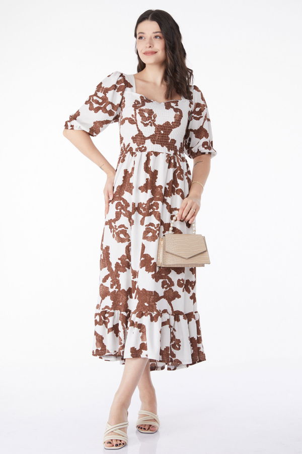 Desenli Midi Elbise Kahve - 25241