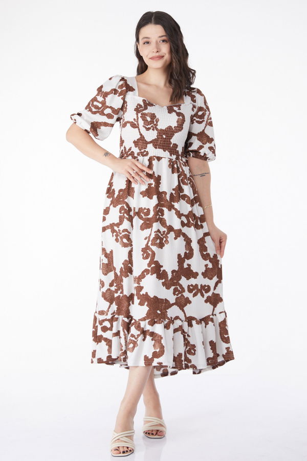Desenli Midi Elbise Kahve - 25241