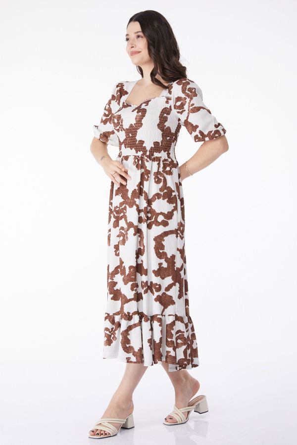 Desenli Midi Elbise Kahve - 25241