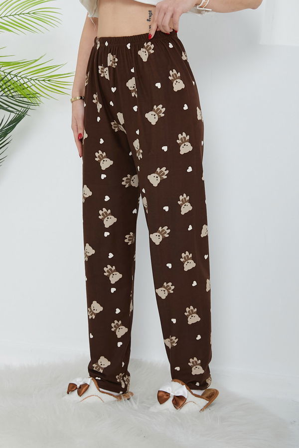 Düz Orta Kadın Kahve Desenli Pijama Altı - 26666