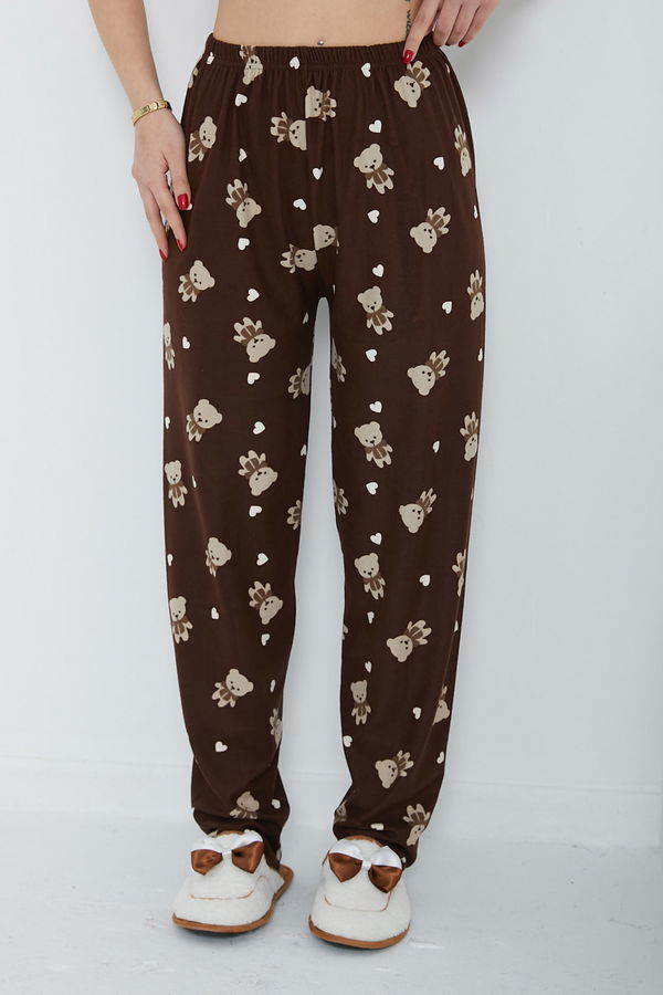 Düz Orta Kadın Kahve Desenli Pijama Altı - 26666