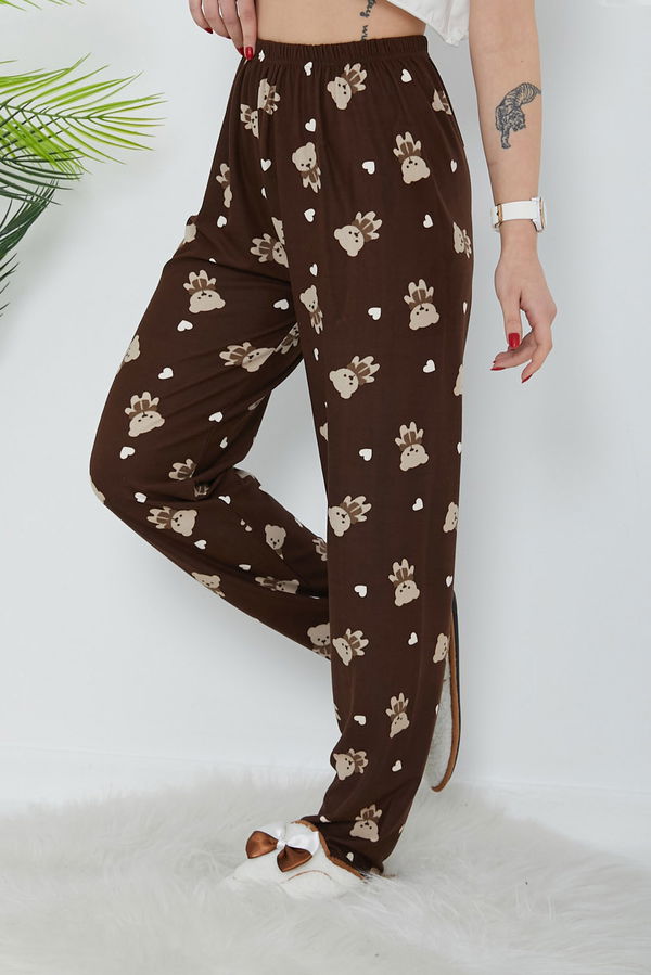 Düz Orta Kadın Kahve Desenli Pijama Altı - 26666