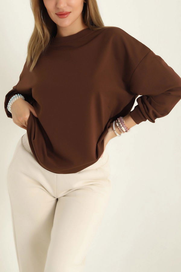 Kadın Bisiklet Yaka Oversize Sweatshirt Kahve - 26567