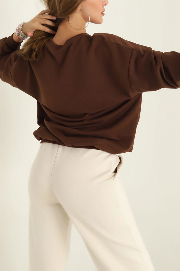 Kadın Bisiklet Yaka Oversize Sweatshirt Kahve - 26567