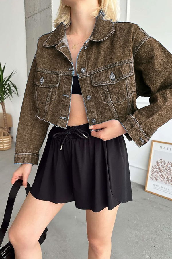 Kadın Çift Cepli Lazer Kesim Crop Kot Ceket Kahve Tint Yikama - 26582