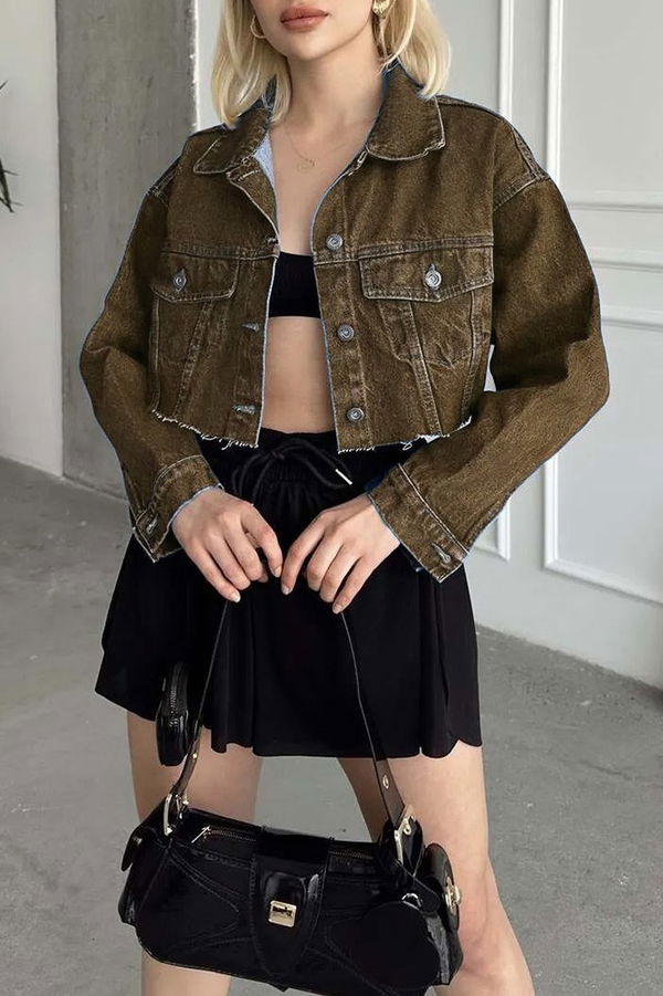 Kadın Çift Cepli Lazer Kesim Crop Kot Ceket Kahve Tint Yikama - 26582