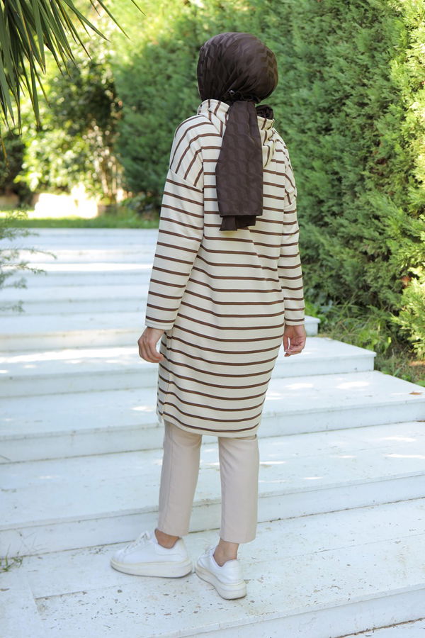 Kapşonlu Çizgili Tunik Koyu Kahve - 26587