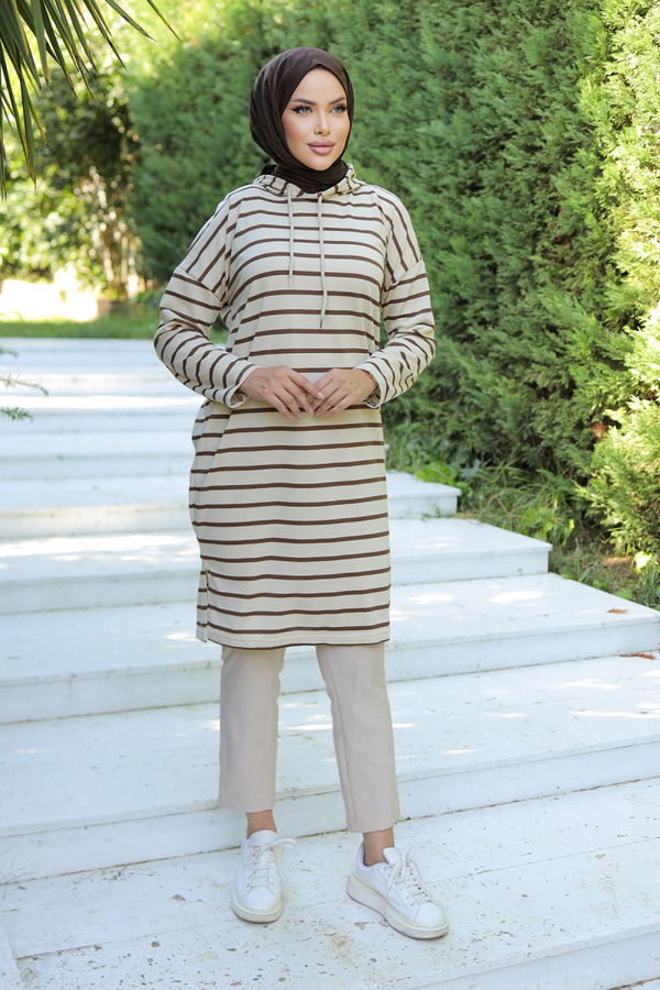 Kapşonlu Çizgili Tunik Koyu Kahve - 26587
