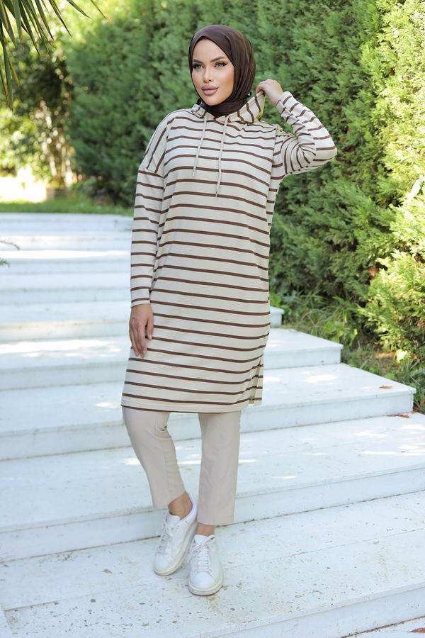 Kapşonlu Çizgili Tunik Koyu Kahve - 26587
