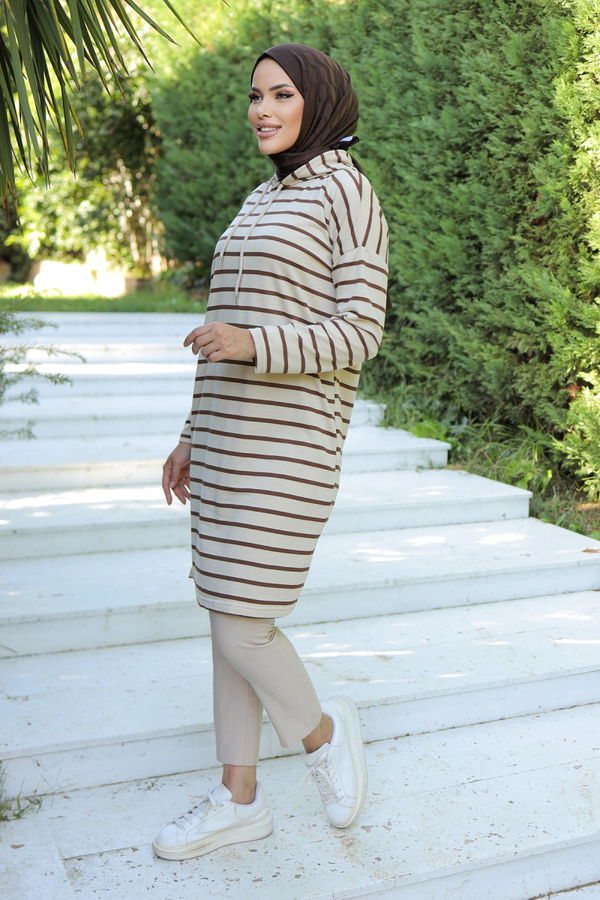 Kapşonlu Çizgili Tunik Koyu Kahve - 26587