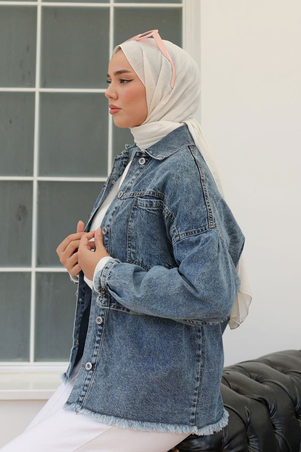 Düz Orta Kadın Koyu Mavi Cepli Kot Ceket - 26580