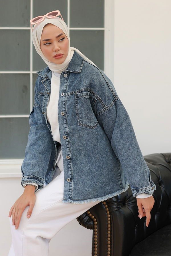 Düz Orta Kadın Koyu Mavi Cepli Kot Ceket - 26580
