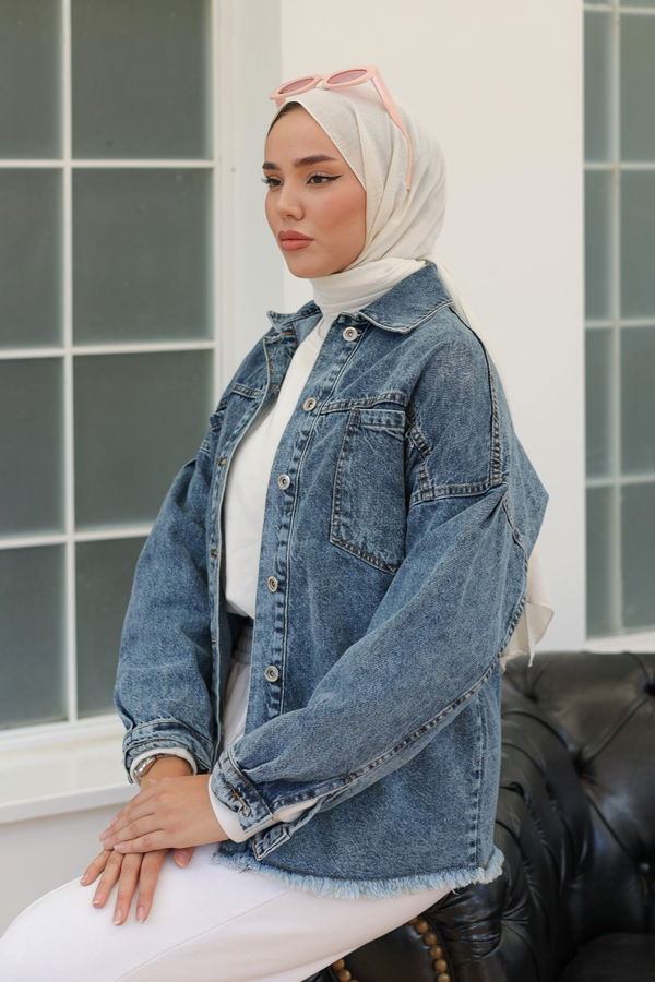 Düz Orta Kadın Koyu Mavi Cepli Kot Ceket - 26580