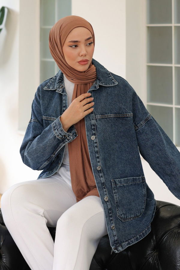 Kadın Kar Yıkama Çift Cepli Düğmeli Kot Ceket Koyu Mavi - 26657