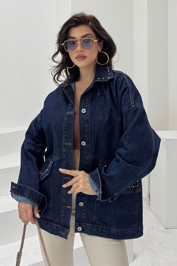 Kadın Taş Detaylı Oversize Denim Kot Ceket Koyu Mavi - 26572