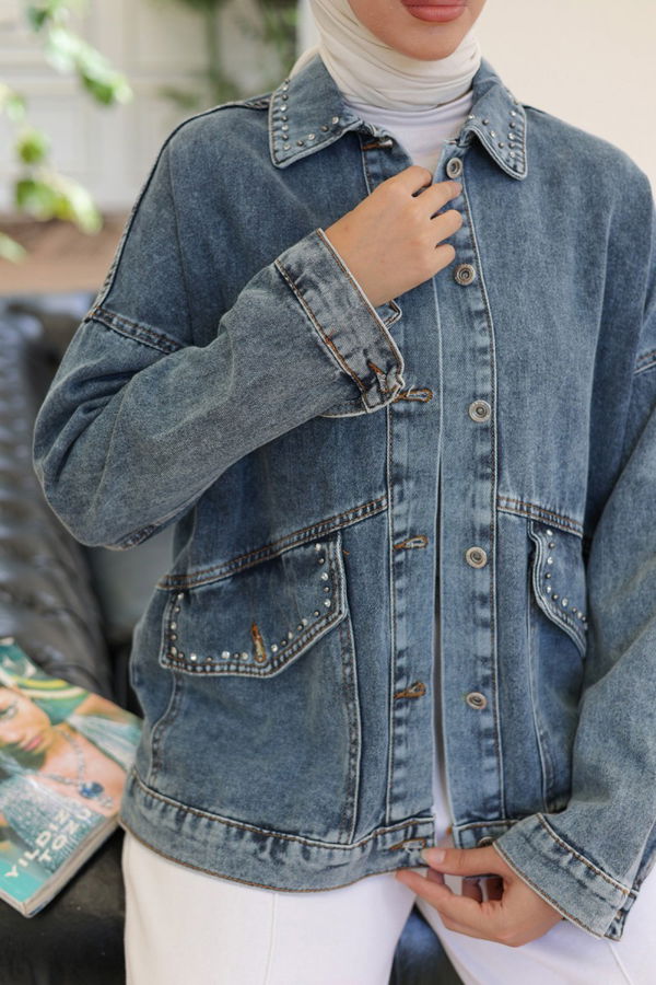 Kadın Taş Detaylı Oversize Denim Kot Ceket Koyu Mavi - 26572